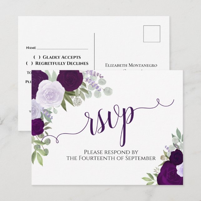 Carte Postale Elégant violet aquarelle Roses mariage RSVP (Devant / Derrière)