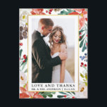 Carte Postale Elegant Watercolor Winter Floral Love and Thanks<br><div class="desc">Elegant Watercolor Winter Floral and Greenery Bride and Groom Love and Thanks Wedding Photo Thank You Postcard inclucard des red poinsettias,  white roses,  holly berries et botanical greenery. Des Gold Frame.</div>