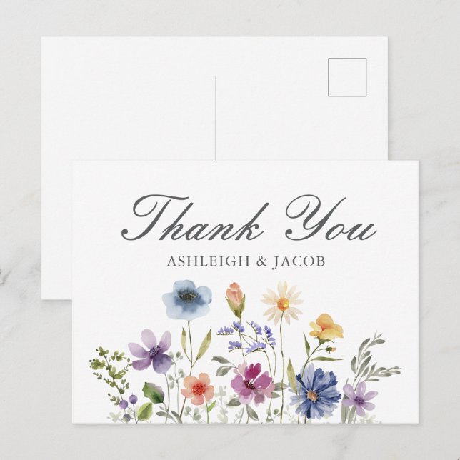 Carte Postale Elegant Wildflower Spring Wedding Custom Thank You (Devant / Derrière)