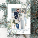Carte Postale Elegant Winter Foliage Frame | Holiday Photo<br><div class="desc">Wish friends and family a happy holiday with our Elegant Winter Foliage Frame holiday photo postcard. The stylish holiday postcard displays your favorite photo on the front framed by watercolor leaves and foliage in shades of green and navy blue with the word Joyful in modern calligraphy script. Personalize the front...</div>
