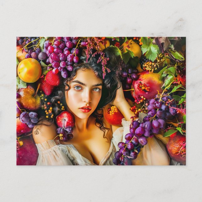 Carte Postale Elegant woman with pomegranate grapes and floral c (Devant)