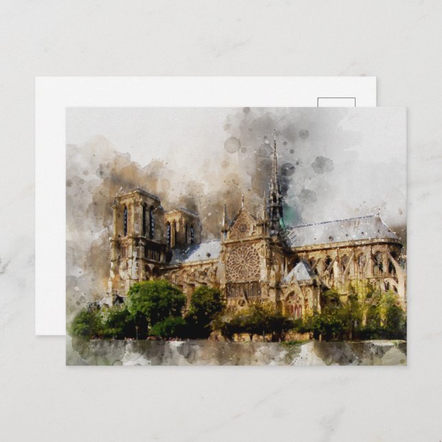 Carte Postale Elégante aquarelle Art de la cathédrale Notre-Dame (Devant / Derrière)