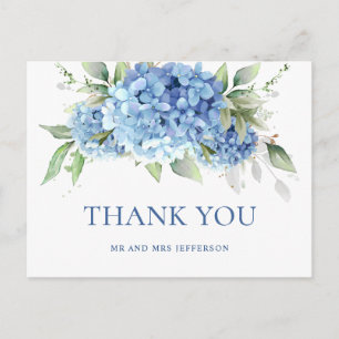 Carte Postale Elégante aquarelle bleu Hydrangea Boho Merci