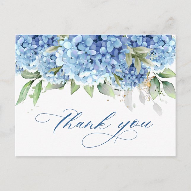 Carte Postale Elégante aquarelle bleu Hydrangea Merci simple (Devant)