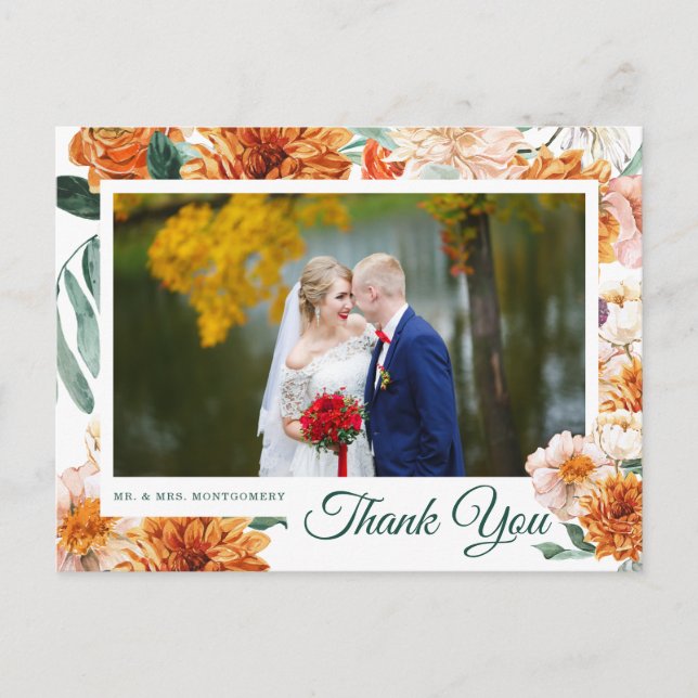 Carte Postale Elégante aquarelle Mariage floral photo Merci (Devant)