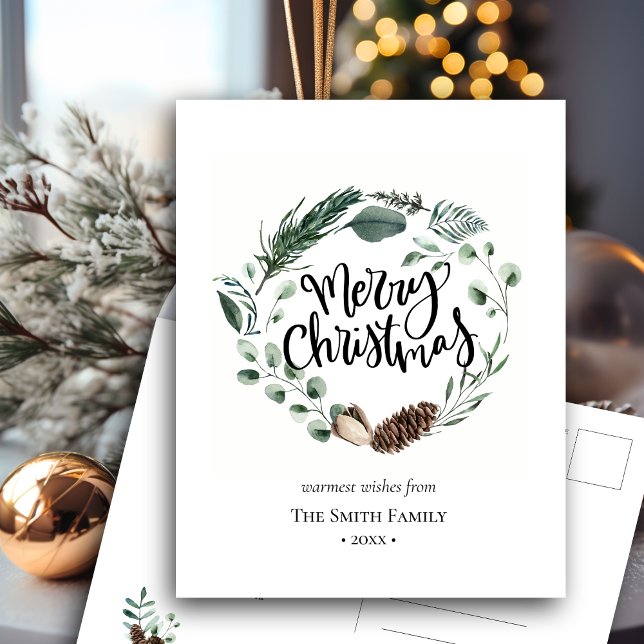 Carte Postale Elégante aquarelle vert Pine Cône Foliage Wreath (Créateur téléchargé)