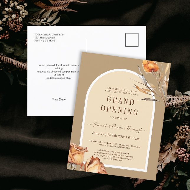 Carte Postale Elégante Arche Retro Flower Business Grand Ouvertu (Elegant Retro Arch Flower Business Grand Opening Postcard)