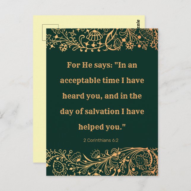 Carte Postale Élégante Bible Motif Orientale Vert Or (Devant / Derrière)