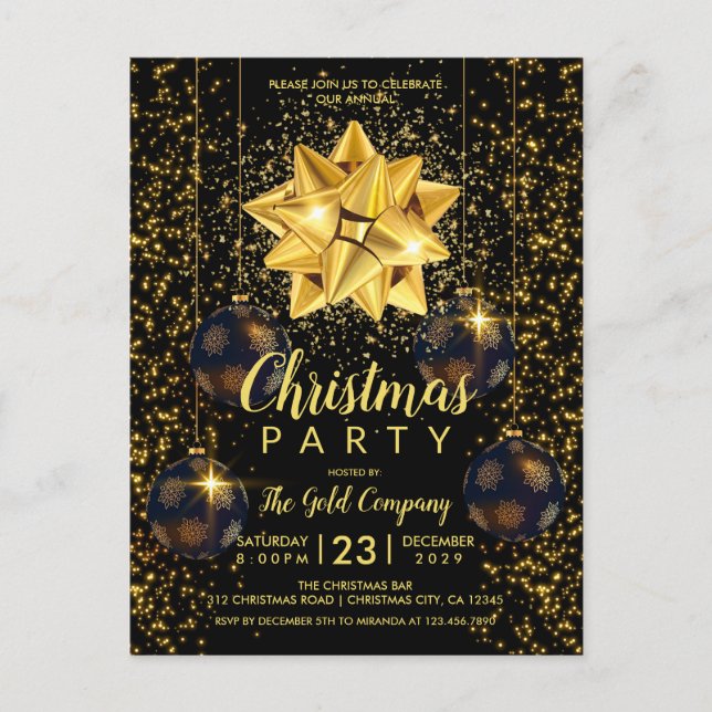 Carte Postale Elégante Black Gold Christmas Party Invitation (Devant)