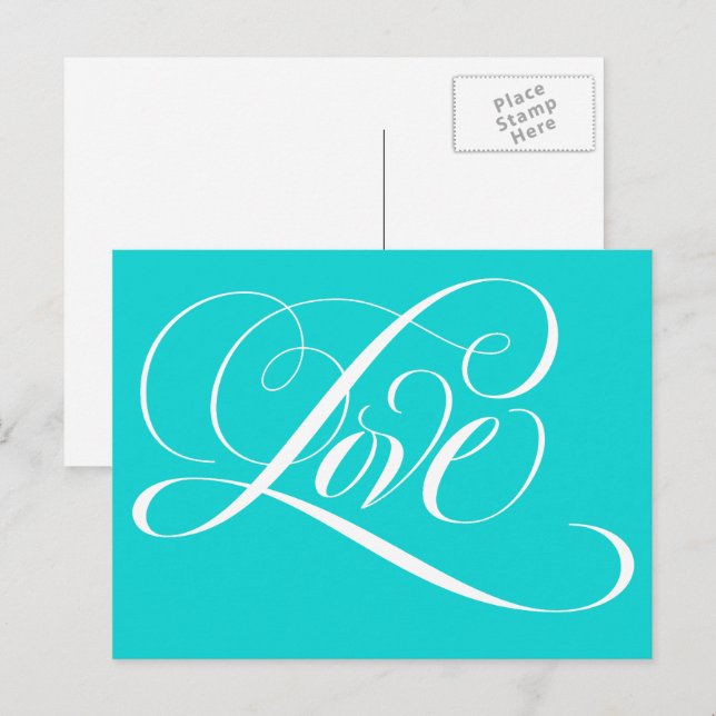 Carte Postale Élégante calligraphie Amour Coeur Turquoise Aqua B (Devant / Derrière)
