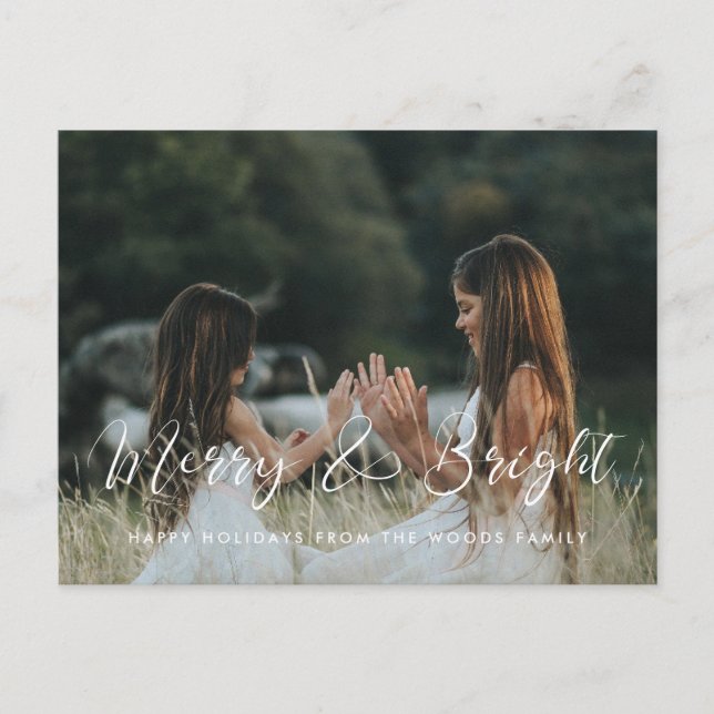 Carte Postale Elégante calligraphie Merry & Bright Christmas pho (Devant)