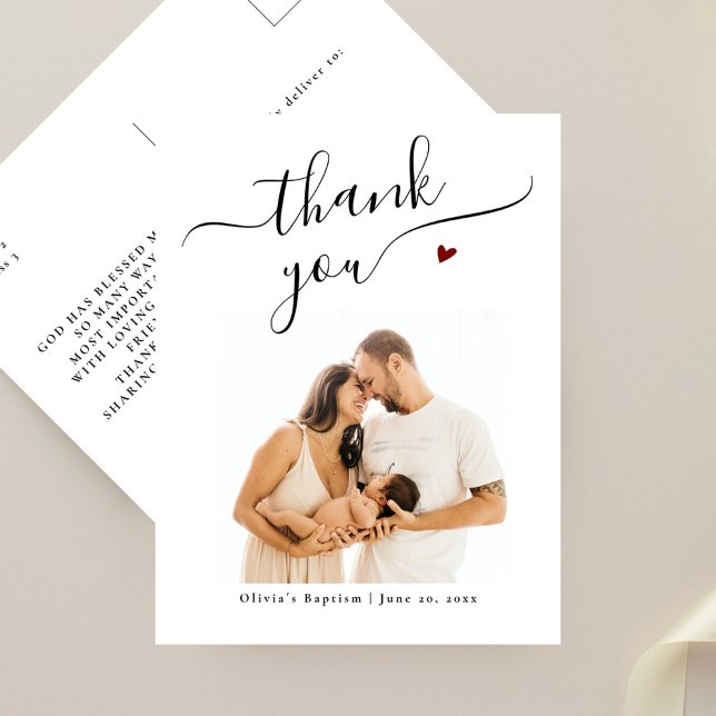 Carte Postale Élégante calligraphie noire Baptême Photo Merci (Créateur téléchargé)
