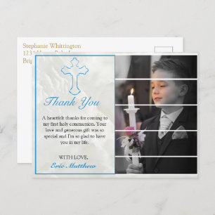 Carte Postale Elégante Croix Bleue Sainte Communion Merci photo