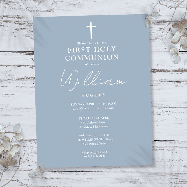 Carte Postale Elégante Dusty Blue First Holy Communion Invitatio (Elegant Dusty Blue First Holy Communion Invitation Postcard)