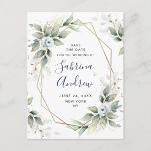 Carte Postale Elégante Dusty Blue Greenery Mariage Enregistrer l