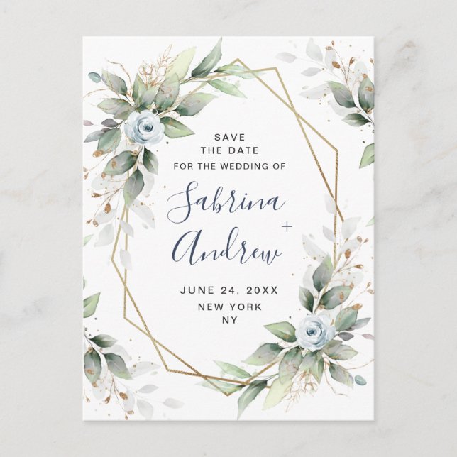 Carte Postale Elégante Dusty Blue Greenery Mariage Enregistrer l (Devant)