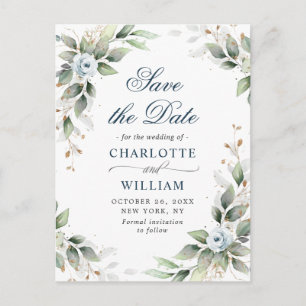 Carte Postale Elégante Dusty Blue Greenery Mariage Enregistrer l