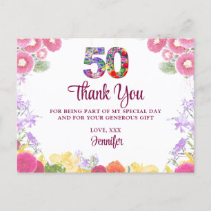 Carte Postale Elégante fête du 50e anniversaire florale / 50 Mer