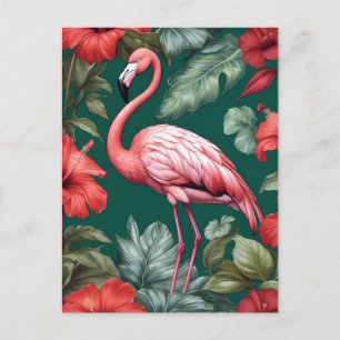 Carte Postale Elégante Flamant rose Hibiscus Fleurs Emerald Gree