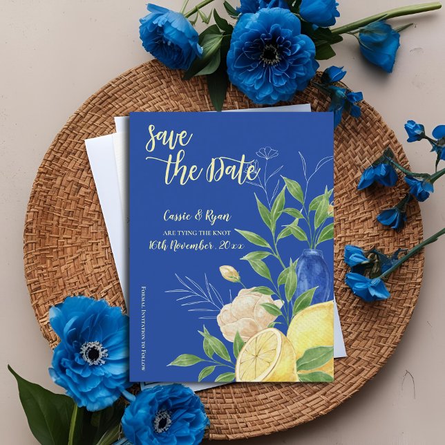 Carte Postale Elégante Fleurs Bleues & Thème Citron Enregistrer  (Elegant Blue Flowers & Lemon Theme Save the Date Postcard)