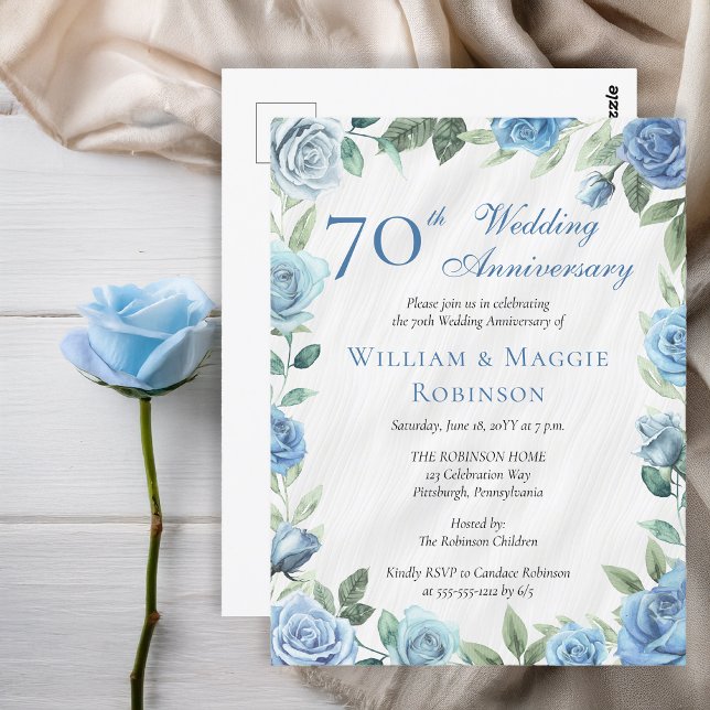 Carte Postale Elégante Florale Bleue 70ème fête Mariage (Elegant Blue Rose Floral 70th Wedding Anniversary Party Postcard Invitation)