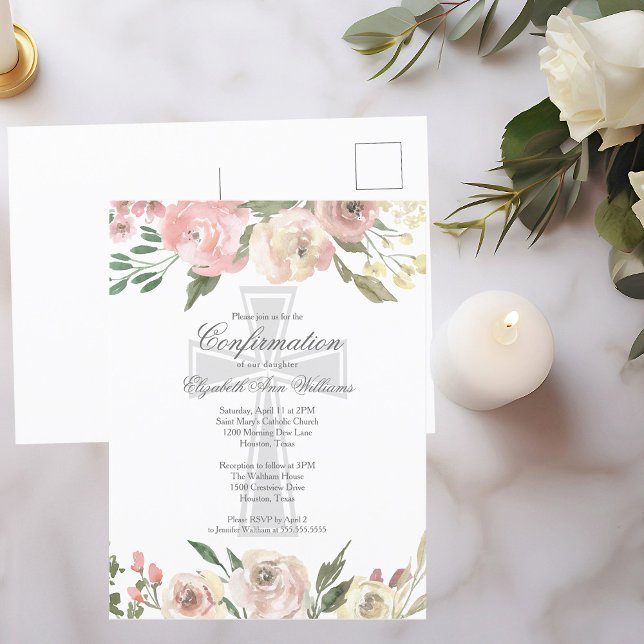 Carte Postale Élégante florale d'ivoire rose Confirmation religi (Créateur téléchargé)