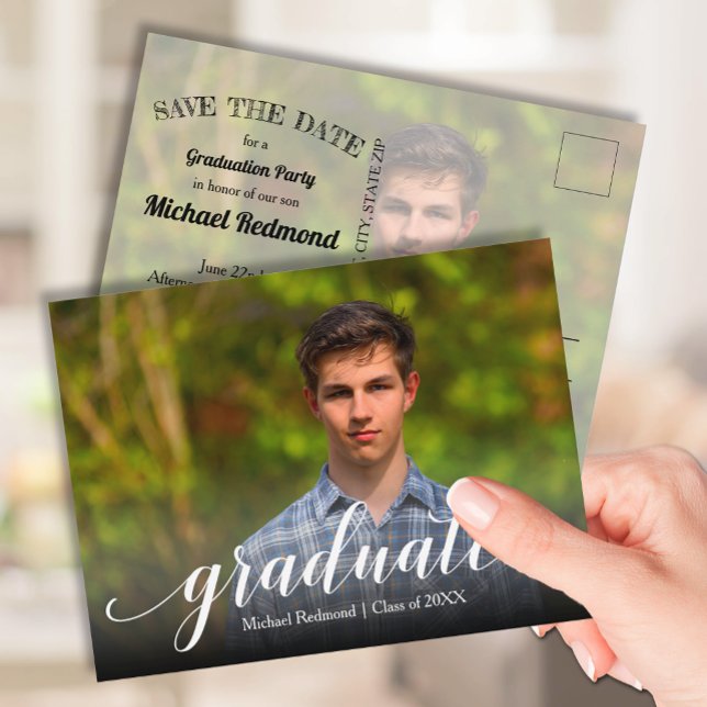 Carte Postale Élégante Graduation de script ENREGISTRER LA DATE (Photo graduation Save the Date postcards feature your details on the back)