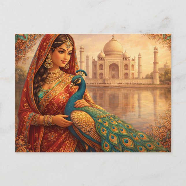 Carte Postale Elegante indische Frau mit prachtvollem Pfau (Devant)