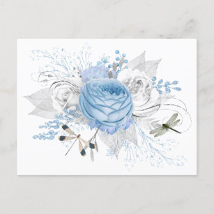 Carte Postale Élégante libellule bleu argenté florale