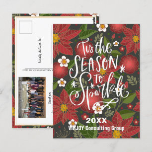 Carte Postale Élégante Poinsettia Rouge Floral Green Photo Busin