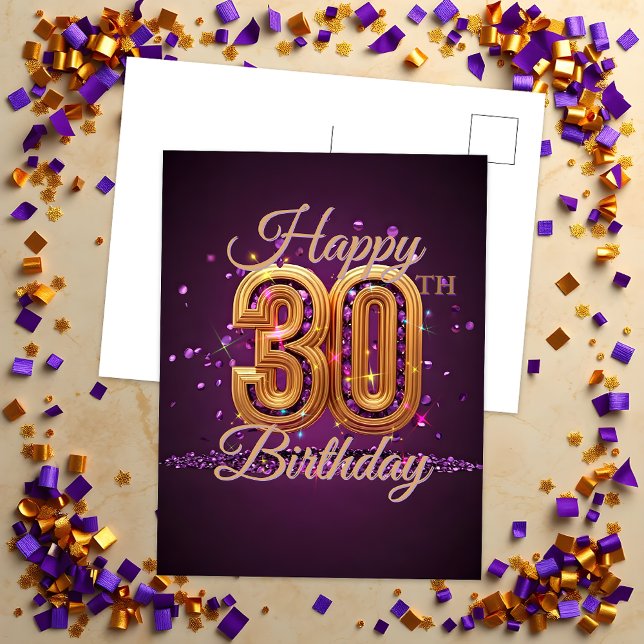 Carte Postale Elégante Purple et Gold 30e anniversaire Fête (Créateur téléchargé)