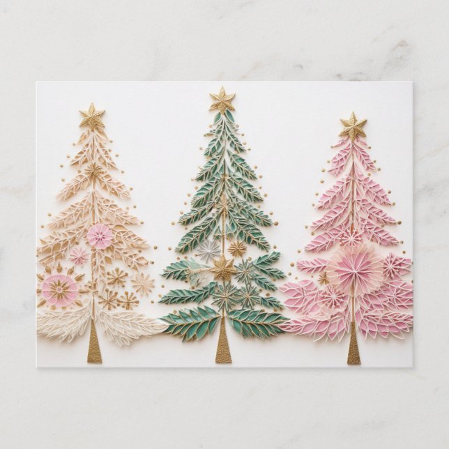 Carte Postale Elegante rose et sapins verts (Devant)