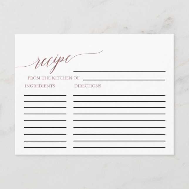 Carte Postale Élégante Rose Gold Calligraphy Bridal Recette Cart (Devant)