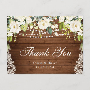 Carte Postale Elégante Roses Blanches Dentelle Rustique Merci Ca