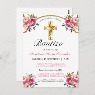 Carte Postale Elegante Tinta Floral Bautizo Cruz De Oro