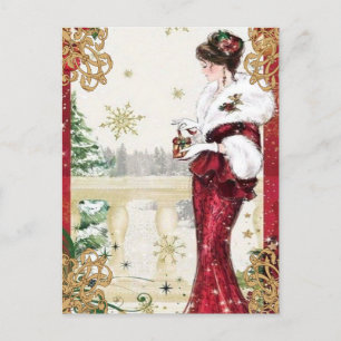Carte Postale Élégante Vintage dame avec cadeau de Noël