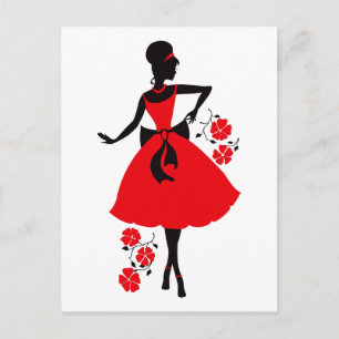 Carte Postale Elégante vintage jeune femme rouge noir silhouette