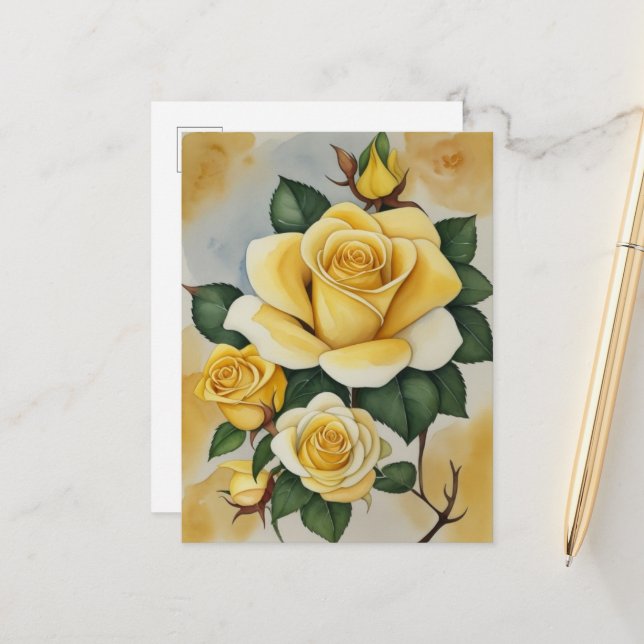 Carte Postale Élégantes Roses Jaunes Aquarelle  (Devant/Arrière en situation)