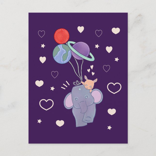 Carte Postale Élément et Lapin Montgolfière spatiale | Fantaisis (Devant)