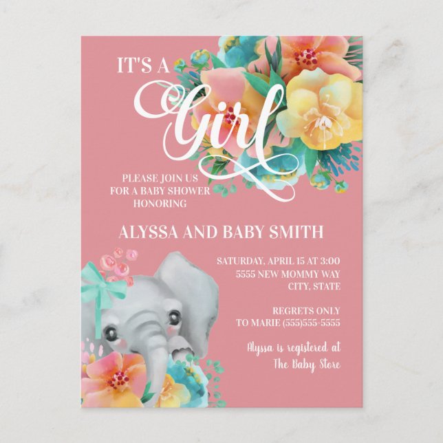 Carte Postale Élémentaire Bébé Fille Baby Shower Rose Jaune Sarc (Devant)