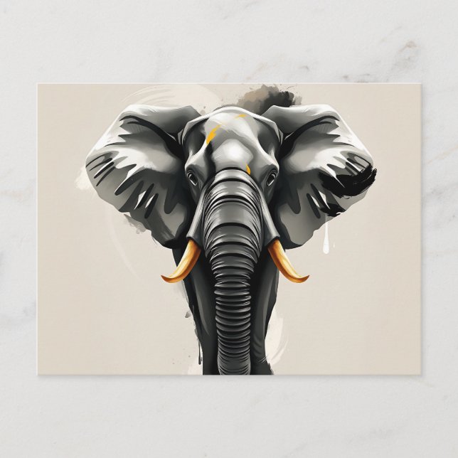 Carte Postale Éléphant Abstrait avec Défenses Dorées sur Tons Ne (Devant)