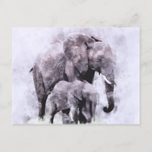 Carte Postale Eléphant africain avec aquarelle de veau