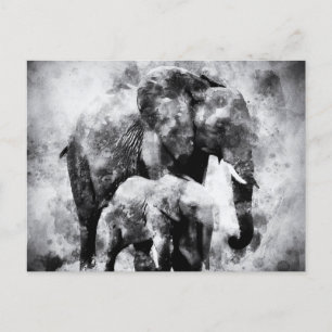 Carte Postale Eléphant africain avec veau noir et blanc