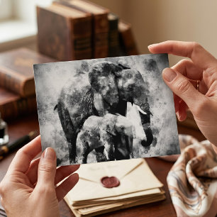 Carte Postale Eléphant africain avec veau noir et blanc