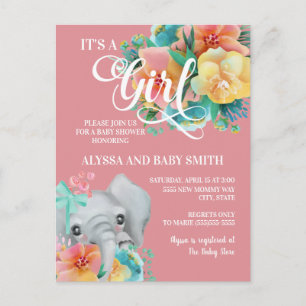 Carte Postale Eléphant Baby Girl Baby shower rose Jaune Turquois