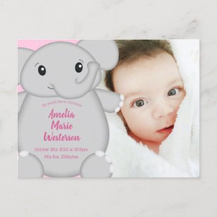 Carte Postale Elephant Baby shower rose Safari fille