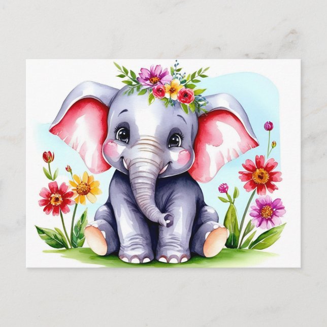 Carte Postale Éléphant bébé aquarelle avec des fleurs  (Devant)