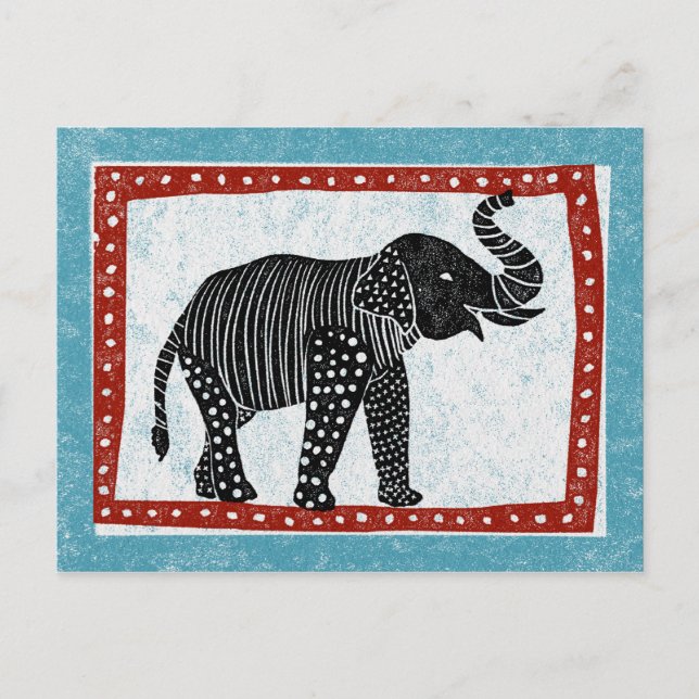 Carte postale Elephant bleu rouge noir blanc (Devant)
