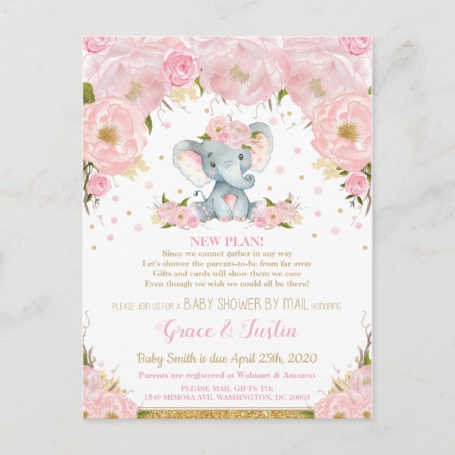 Carte Postale Eléphant Blush Floral Baby shower par Mail Girl (Devant)