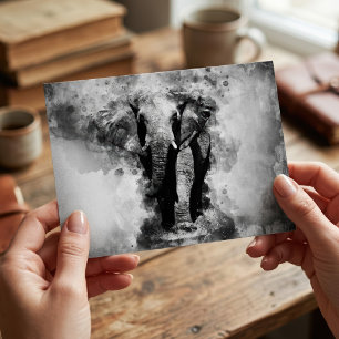 Carte Postale Éléphant d'Afrique Aquarelle Noir et Blanc